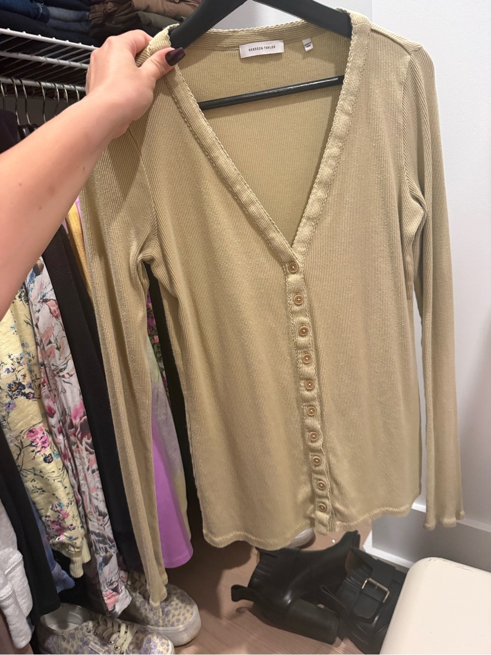 Rebecca Taylor Light Olive Button-Front V-Neck Long Sleeve Top